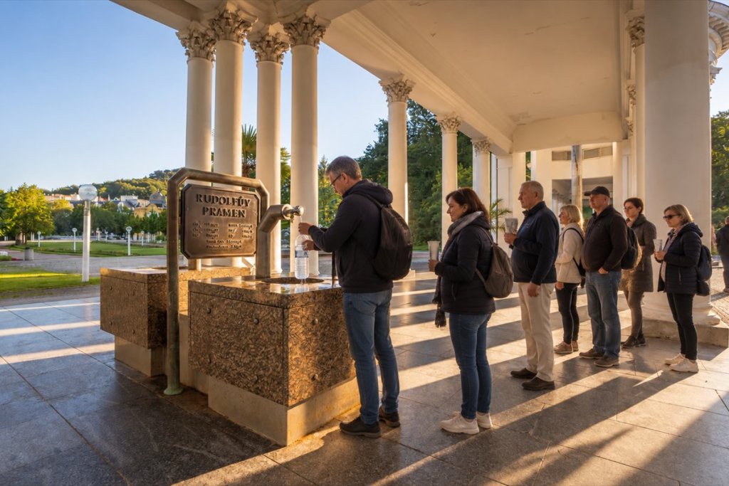 Lidé čekají ve frontě u Rudolfova pramene na kolonádě v Mariánských Lázních