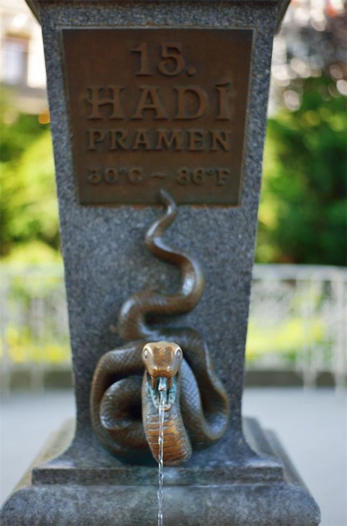 Hadí pramen v Karlových Varech, voda teče z tlamy bronzového hada